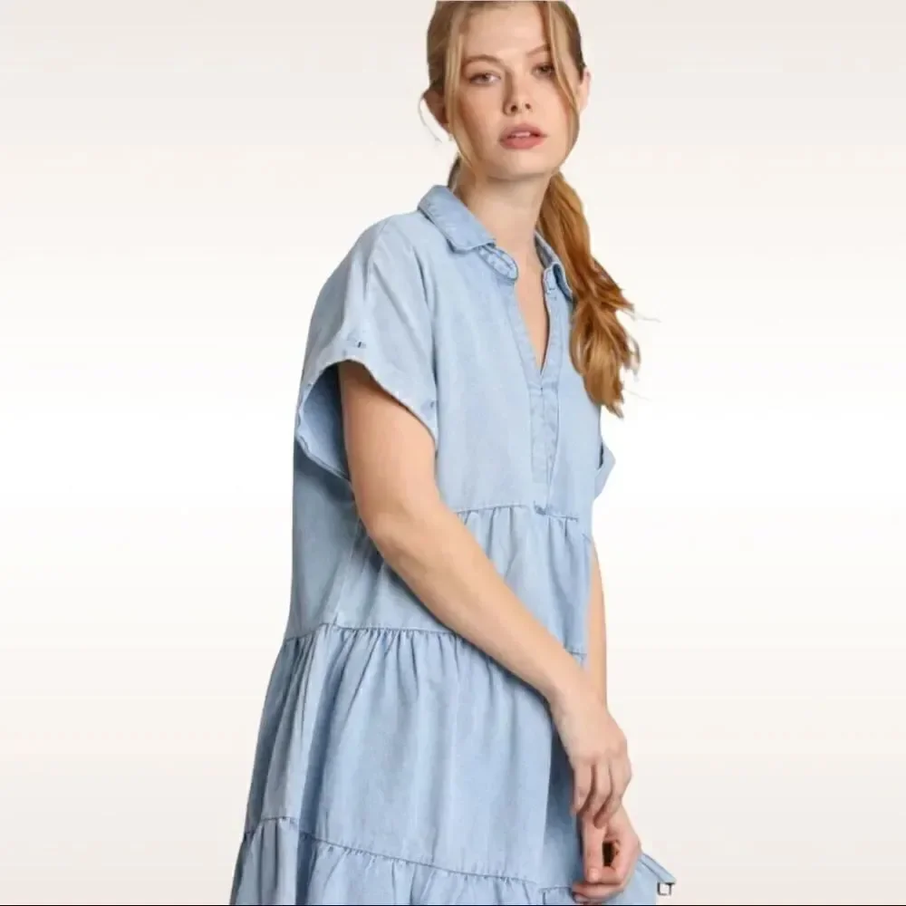 Umgee Ruffle Tiered Denim Dress with Frayed Hem NWT